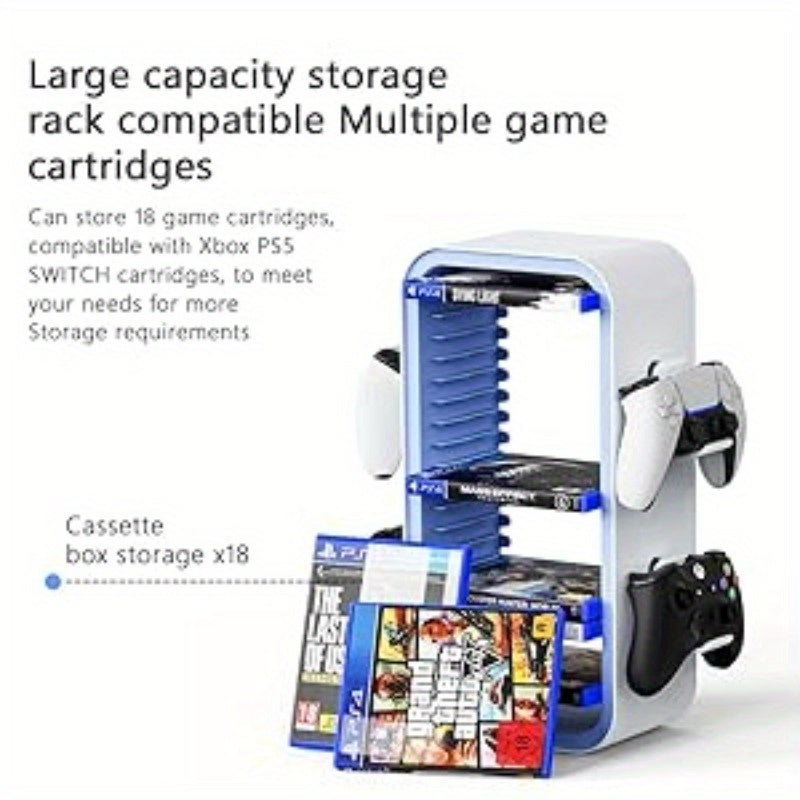 40.13cm game Storage Tower Compatible with PS5/ Xbox Series S X/ Switch, Universal Video Games Discs Organizers 18pcs with 4 Controllers Holder, Game Disk Box Stand