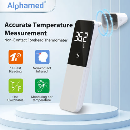 ALPHAMED Medical-Grade Infrared Ear & Forehead Thermometer for Adults - Dual Mode, 1° Fast Reading, Unit Switch, LCD Display, Accurate Temperature Measurement (Batteries Not Included), Home Health Monitoring, Sleek Design, U