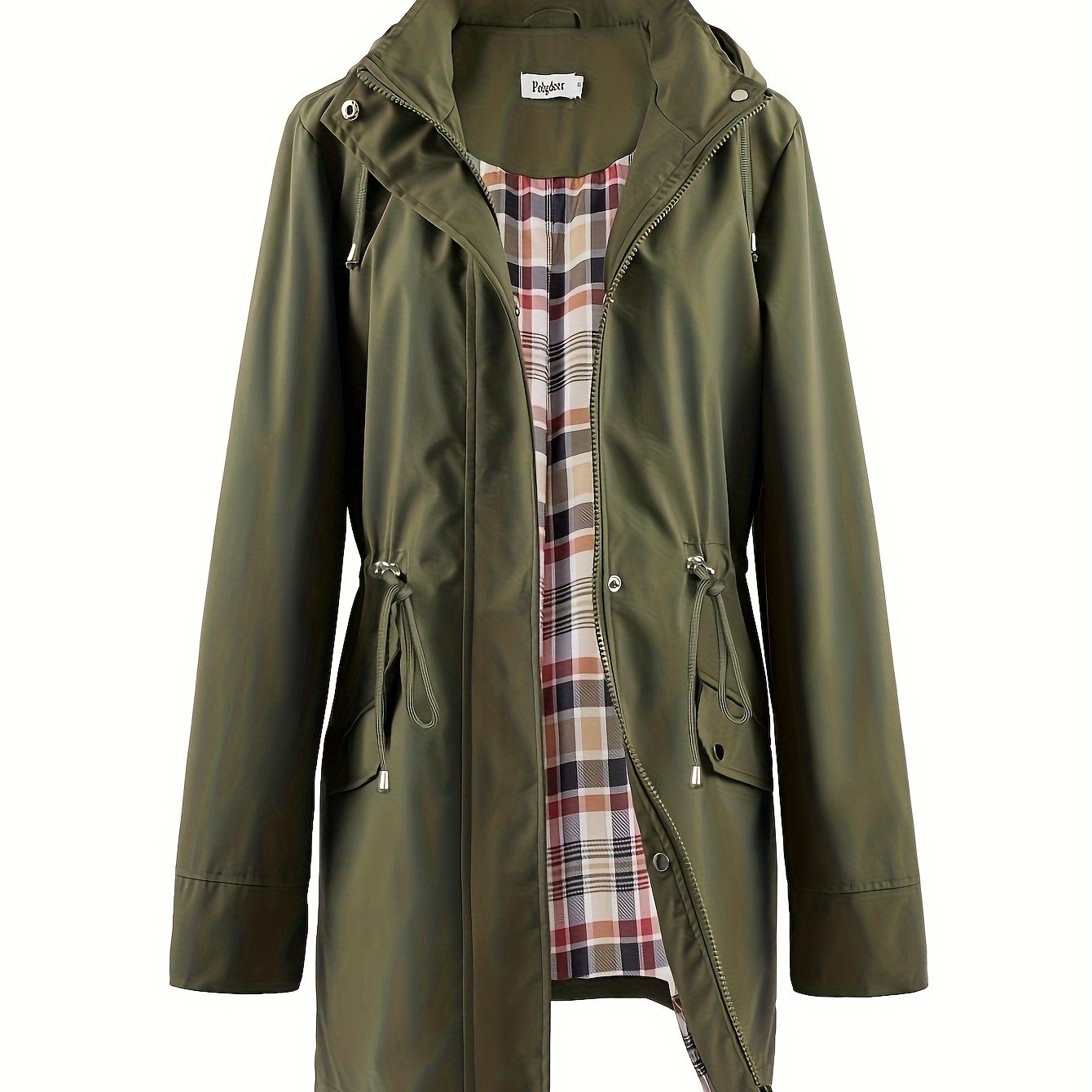 Women's Beige Hooded Zip-Up Trench Coat with Drawstring Waist & Multiple Pockets - Casual Long Sleeve Jacket for Fall & Winter, Machine Washable