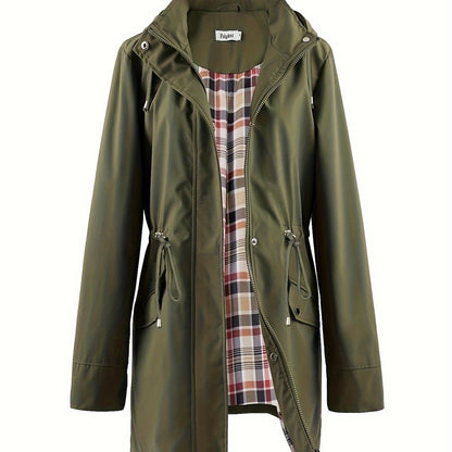 Women's Beige Hooded Zip-Up Trench Coat with Drawstring Waist & Multiple Pockets - Casual Long Sleeve Jacket for Fall & Winter, Machine Washable