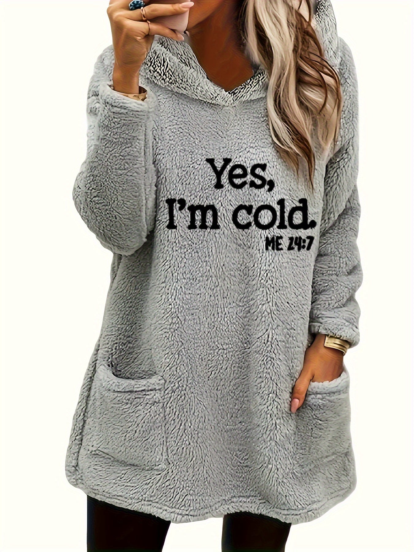 Women's "Yes I'm Cold" Printed Teddy Bear Hooded Sweatshirt - 100% Polyester Relaxed Fit Long Sleeve Pullover with Double Pockets, Cozy Fleece-Lined Casual Winter Top for Fall & Winter