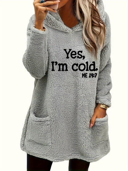 Women's "Yes I'm Cold" Printed Teddy Bear Hooded Sweatshirt - 100% Polyester Relaxed Fit Long Sleeve Pullover with Double Pockets, Cozy Fleece-Lined Casual Winter Top for Fall & Winter