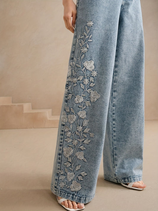 Women's Stretch Denim Straight-Leg Pants with Floral Embroidery - Mid-Stretch Machine-Washable All-Season Comfort, Elegant Casual & Formal Wear, Classic Solid Color Long Length, Versatile Wardrobe Staple, Stylish Wideleg Desi