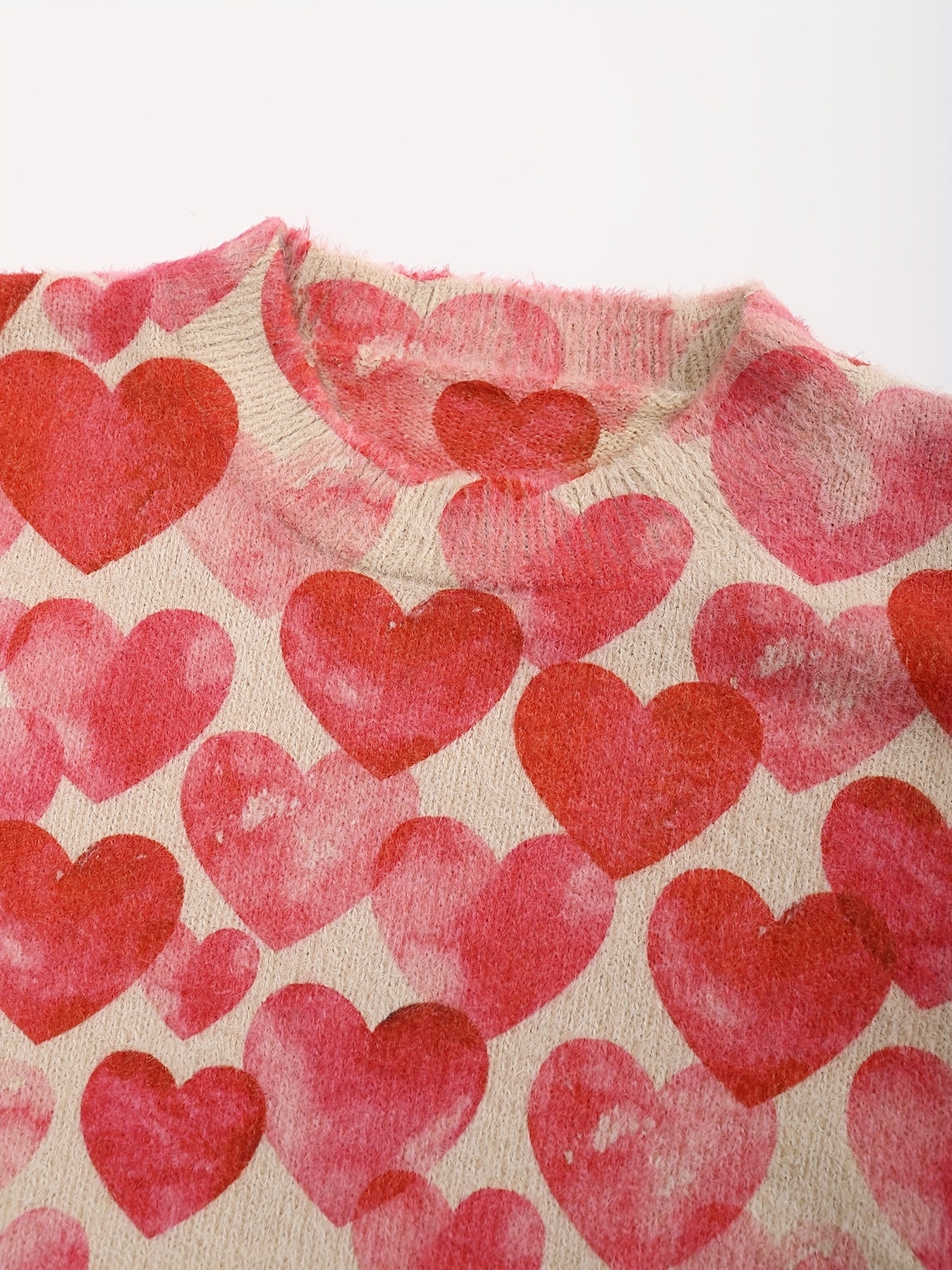 Red Heart Pattern Pullover, Casual Round Neck Long Sleeve Top for Women