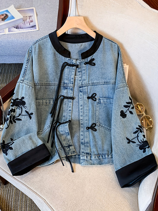 Women's Vintage Chinese-Inspired Blue Distressed Denim Jacket with Black Floral Embellishment & Round Neck - Korean Chinese Style Collar, Structured Fit, Machine Washable Spring/Fall Outerwear for Casual to Formal Events, Chi