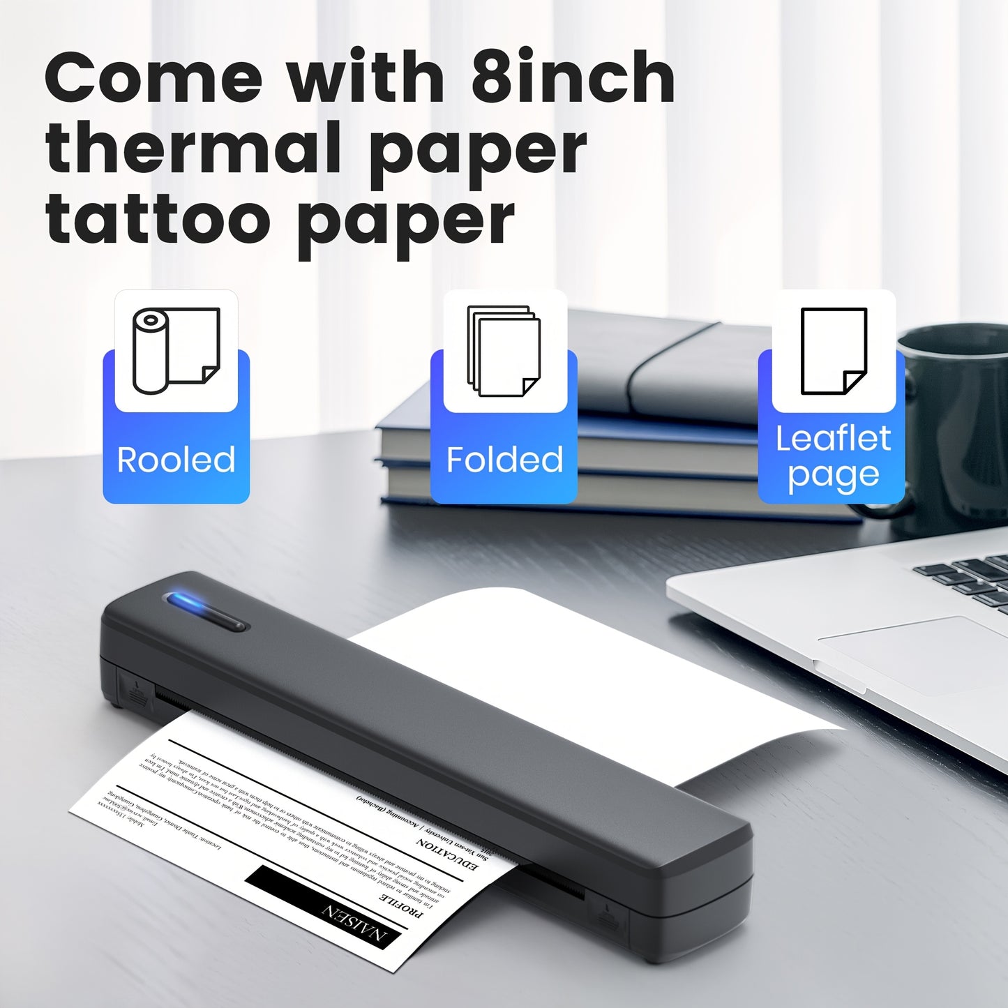 Portable Travel Printer-Wireless Thermal Printer-Tattoo Printer Supports 8.5x11 US Letter And A4 Thermal Paper Tattoo Paper Compatible with Android And IOS Phones And Laptops
