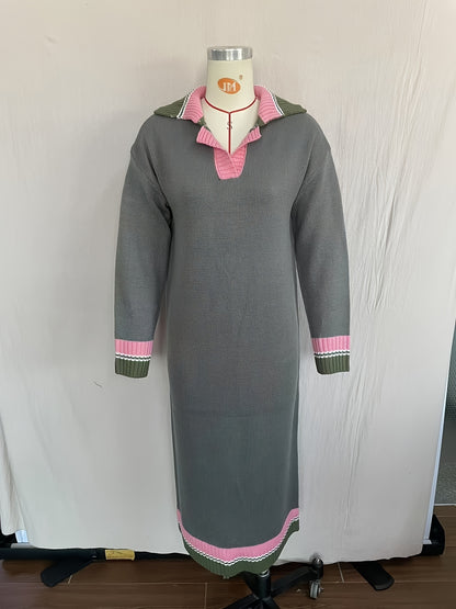 French-Inspired Elegant Women's Color-Block Dress with Lapel Collar & Drop Shoulder Sleeves - Navy Pink Green Striped Long Sleeve Loose Fit Long Dress for Fall Winter Casual to Semi-Formal Occasions