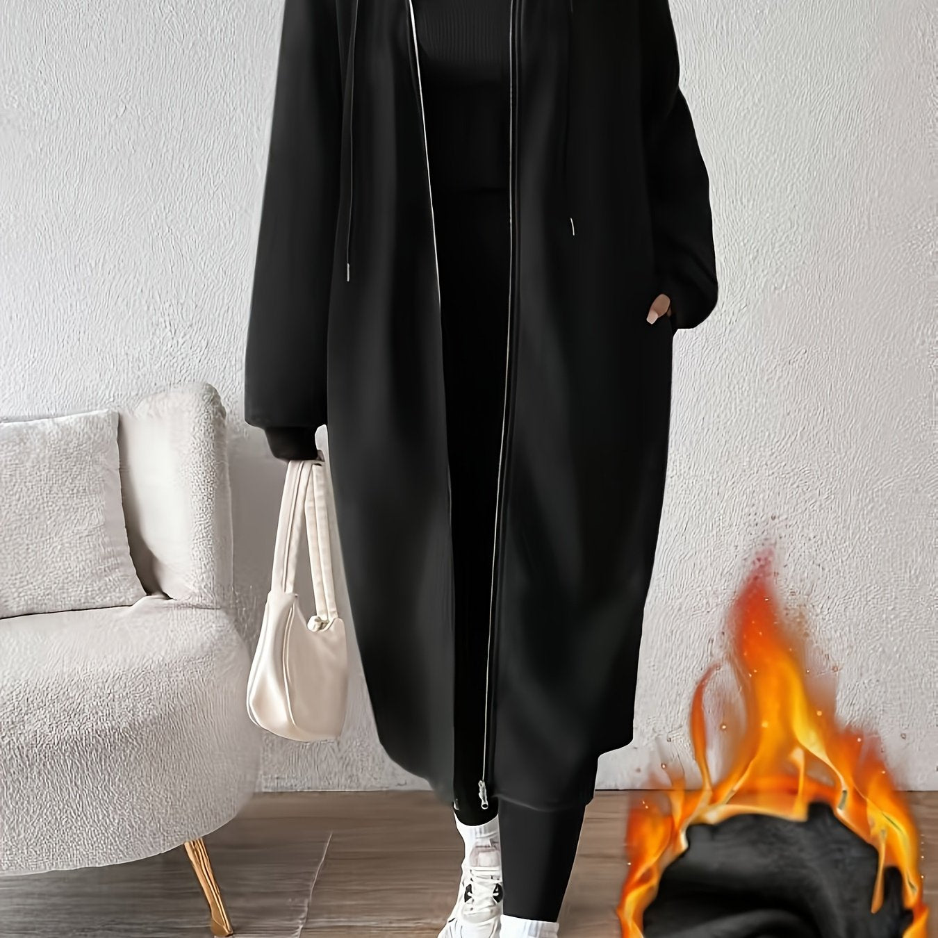 Women'S Elegant Color-Block Hooded Zip-Up Coat - White & Black, Long Sleeve, Button-Up Front, Perfect for Fall/Winter, Casual to Formal Wear, Casual Winter Wear | Stylish Layering Piece | Buttonup Front Coat