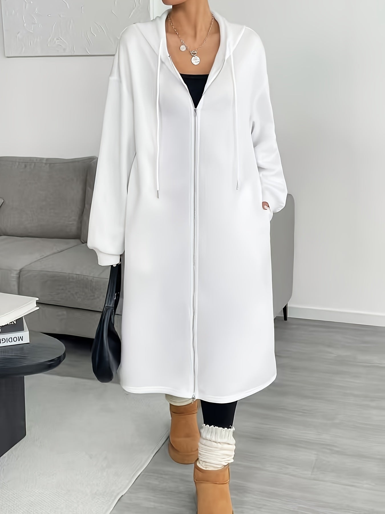 Women'S Elegant Color-Block Hooded Zip-Up Coat - White & Black, Long Sleeve, Button-Up Front, Perfect for Fall/Winter, Casual to Formal Wear, Casual Winter Wear | Stylish Layering Piece | Buttonup Front Coat