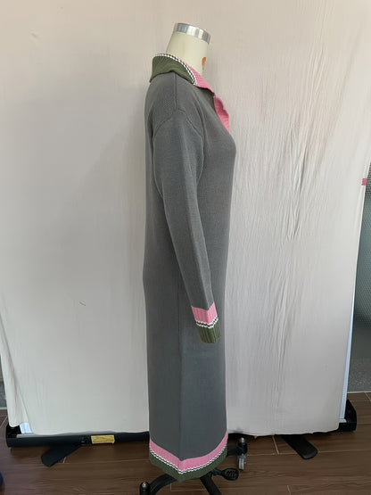 French-Inspired Elegant Women's Color-Block Dress with Lapel Collar & Drop Shoulder Sleeves - Navy Pink Green Striped Long Sleeve Loose Fit Long Dress for Fall Winter Casual to Semi-Formal Occasions