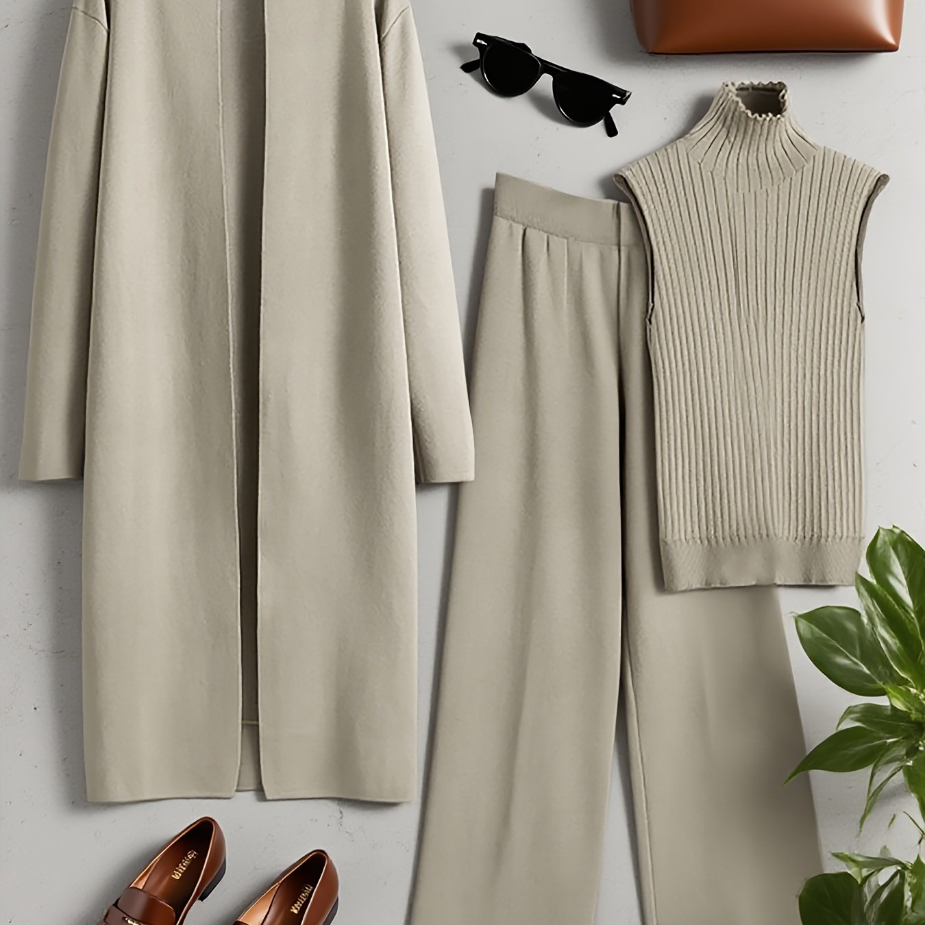 Autumn and Winter Women's Outfit, Solid Color Sweater Three-Piece Set, Cardigan Jacket Ensemble, Casual Elegant Ladies' Suit, Korean Style Top and Bottom Set, Fabric Wide-Leg Pants Set, Fabric Vest Set, Commuter Style Outfit,