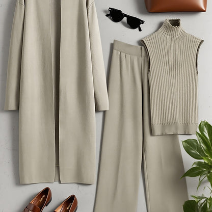Autumn and Winter Women's Outfit, Solid Color Sweater Three-Piece Set, Cardigan Jacket Ensemble, Casual Elegant Ladies' Suit, Korean Style Top and Bottom Set, Fabric Wide-Leg Pants Set, Fabric Vest Set, Commuter Style Outfit,