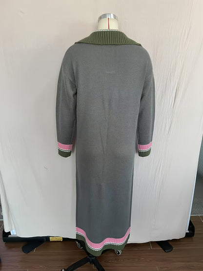 French-Inspired Elegant Women's Color-Block Dress with Lapel Collar & Drop Shoulder Sleeves - Navy Pink Green Striped Long Sleeve Loose Fit Long Dress for Fall Winter Casual to Semi-Formal Occasions