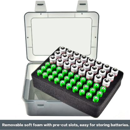 Compact Battery Organizer Box Holds 54 AA & AAA Batteries, Durable PC Material, Transparent Design with Foam Groove for Easy Storage, Perfect for Home & Garage Organization (Batteries Not Included)
