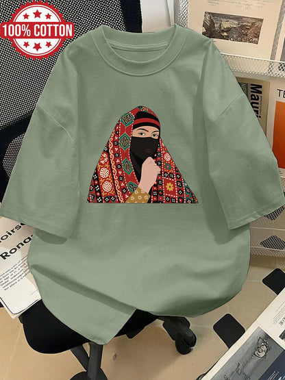 Women'S Casual Crew Neck T-Shirt, Short Sleeve, Regular Length, Alphabet Pattern, with Headscarf and Floral Print Design, for Spring/Summer