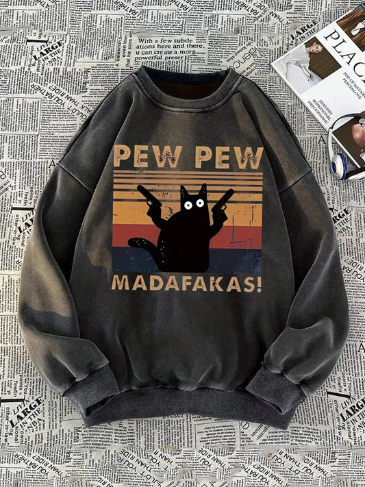 Women's Retro Graphic Print Pullover Sweatshirt - "PEW PEW MADAFAKAS!" Cat & Sunset Design, Soft Washed Round Neck Casual Winter Warmth, Machine Washable, Cute Sweatshirts, Autumn Apparel, Vintage Style Fabric, Cozy Clothing,