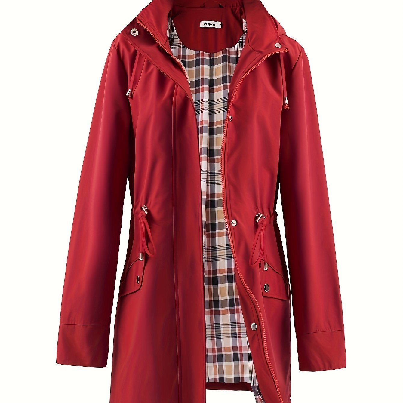 Women's Beige Hooded Zip-Up Trench Coat with Drawstring Waist & Multiple Pockets - Casual Long Sleeve Jacket for Fall & Winter, Machine Washable