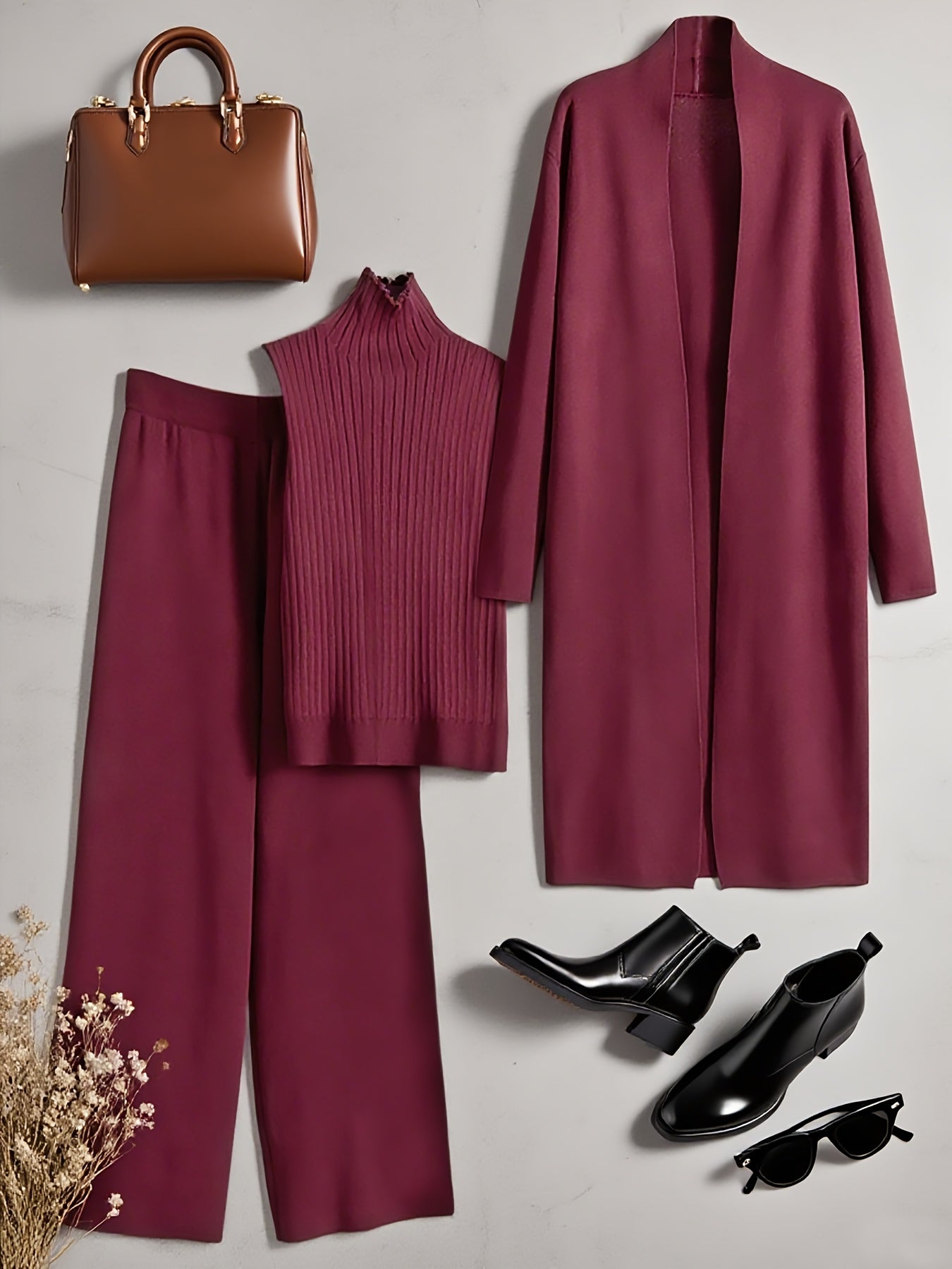 Autumn and Winter Women's Outfit, Solid Color Sweater Three-Piece Set, Cardigan Jacket Ensemble, Casual Elegant Ladies' Suit, Korean Style Top and Bottom Set, Fabric Wide-Leg Pants Set, Fabric Vest Set, Commuter Style Outfit,