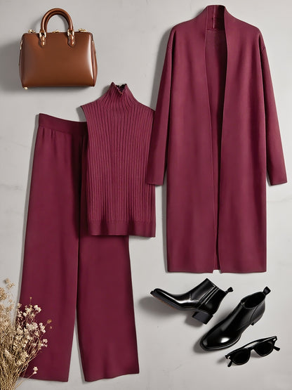 Autumn and Winter Women's Outfit, Solid Color Sweater Three-Piece Set, Cardigan Jacket Ensemble, Casual Elegant Ladies' Suit, Korean Style Top and Bottom Set, Fabric Wide-Leg Pants Set, Fabric Vest Set, Commuter Style Outfit,