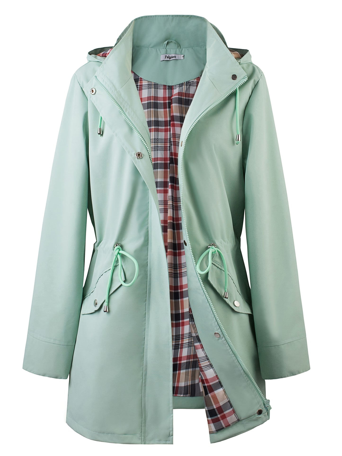 Women's Beige Hooded Zip-Up Trench Coat with Drawstring Waist & Multiple Pockets - Casual Long Sleeve Jacket for Fall & Winter, Machine Washable