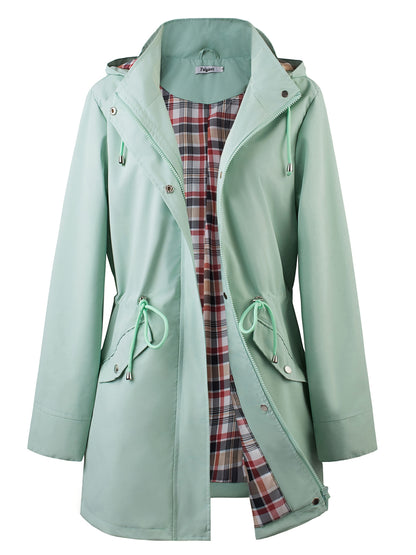 Women's Beige Hooded Zip-Up Trench Coat with Drawstring Waist & Multiple Pockets - Casual Long Sleeve Jacket for Fall & Winter, Machine Washable