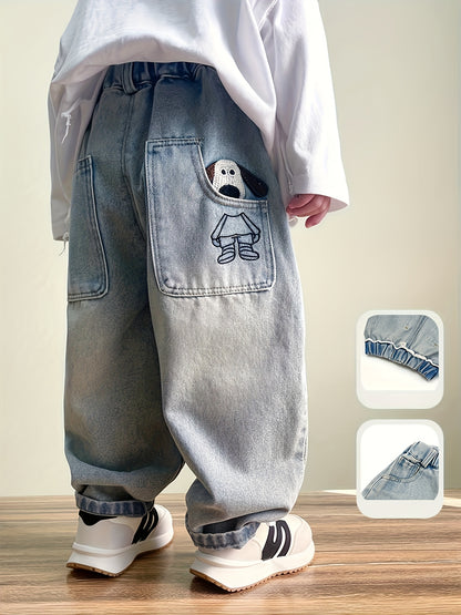 Boys' Faux Denim Pants, Boys' Animal Embroidered Faux Denim, Little Boys' Faux Denim. Boys' Casual Outing Pants, Boys' Fashionable Simple Pants, Cute Style, Comfortable Elastic Waistband, Outdoor Sports, Outdoor Street Trendy