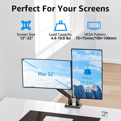 Adjustable Dual Monitor Stand for 33.02-81.28 cm Screens, Supports up to 9.03 KG, Tilt and Swivel, VESA 75x75/100x100, Space-Saving Design Suitable for Home and Office