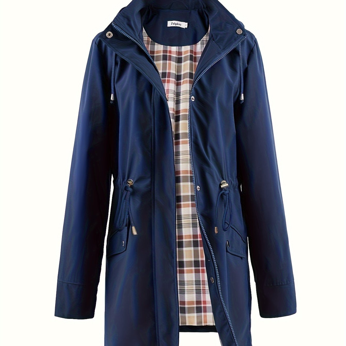 Women's Beige Hooded Zip-Up Trench Coat with Drawstring Waist & Multiple Pockets - Casual Long Sleeve Jacket for Fall & Winter, Machine Washable