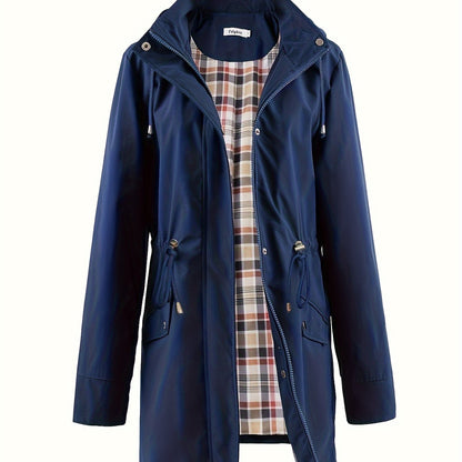 Women's Beige Hooded Zip-Up Trench Coat with Drawstring Waist & Multiple Pockets - Casual Long Sleeve Jacket for Fall & Winter, Machine Washable
