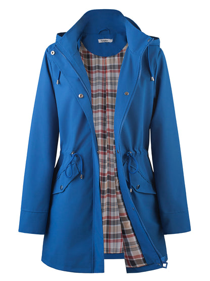 Women's Beige Hooded Zip-Up Trench Coat with Drawstring Waist & Multiple Pockets - Casual Long Sleeve Jacket for Fall & Winter, Machine Washable