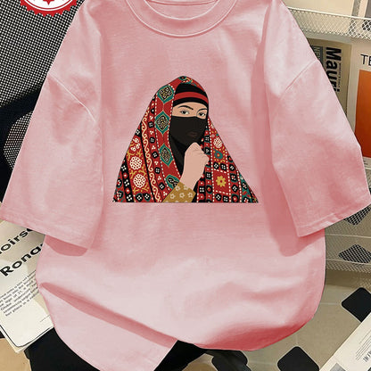 Women'S Casual Crew Neck T-Shirt, Short Sleeve, Regular Length, Alphabet Pattern, with Headscarf and Floral Print Design, for Spring/Summer
