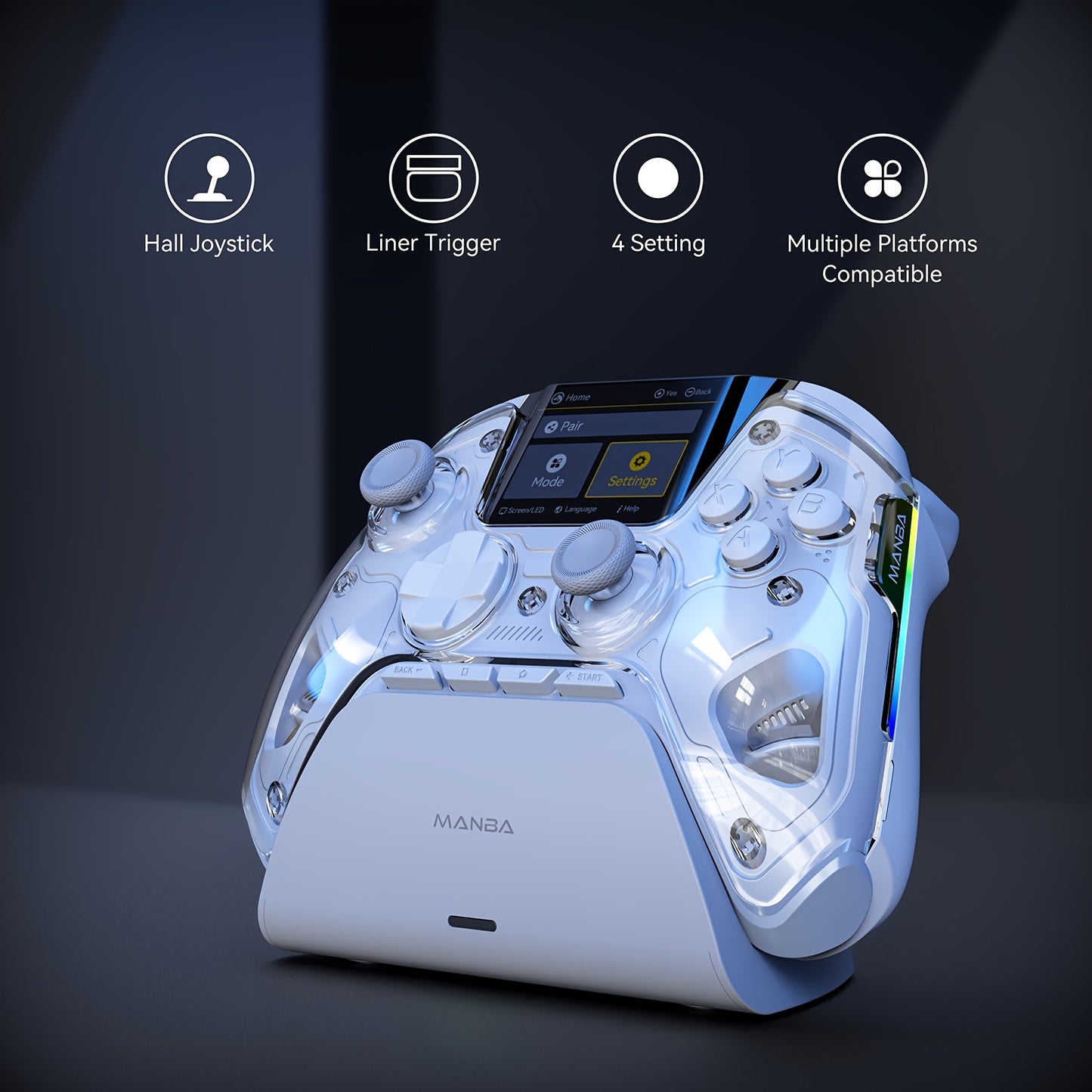 Interactive Screen Wireless Gaming Controller for Ios/Pc/Switch/Android/Steam Deck, Hall Effect Stick & Trigger, RGB Lighting, Remappable Buttons, 1800Mah with Charging Dock -V2/White(No Drift), [Notice]Not Compatible with Xb