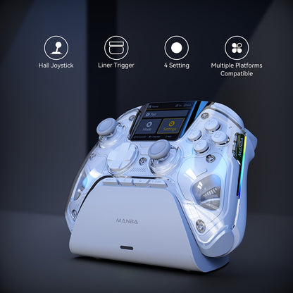 Interactive Screen Wireless Gaming Controller for Ios/Pc/Switch/Android/Steam Deck, Hall Effect Stick & Trigger, RGB Lighting, Remappable Buttons, 1800Mah with Charging Dock -V2/White(No Drift), [Notice]Not Compatible with Xb