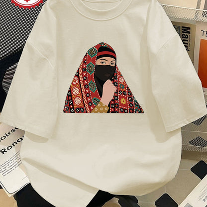Women'S Casual Crew Neck T-Shirt, Short Sleeve, Regular Length, Alphabet Pattern, with Headscarf and Floral Print Design, for Spring/Summer