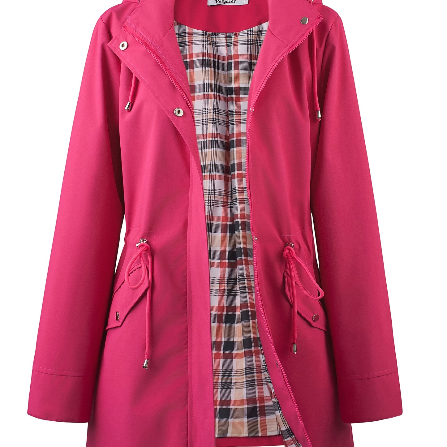 Women's Beige Hooded Zip-Up Trench Coat with Drawstring Waist & Multiple Pockets - Casual Long Sleeve Jacket for Fall & Winter, Machine Washable