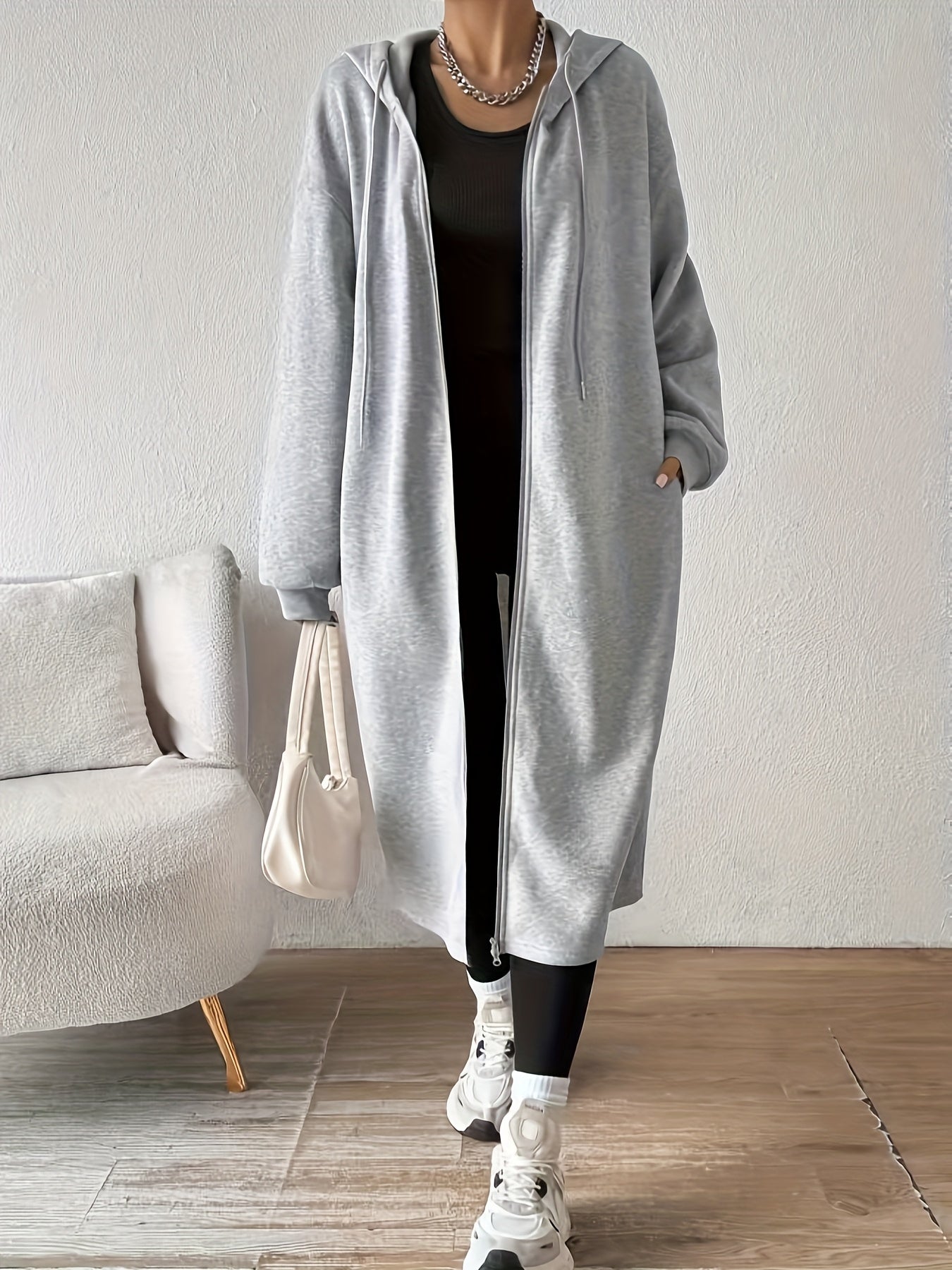 Women'S Elegant Color-Block Hooded Zip-Up Coat - White & Black, Long Sleeve, Button-Up Front, Perfect for Fall/Winter, Casual to Formal Wear, Casual Winter Wear | Stylish Layering Piece | Buttonup Front Coat