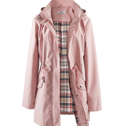Women's Beige Hooded Zip-Up Trench Coat with Drawstring Waist & Multiple Pockets - Casual Long Sleeve Jacket for Fall & Winter, Machine Washable