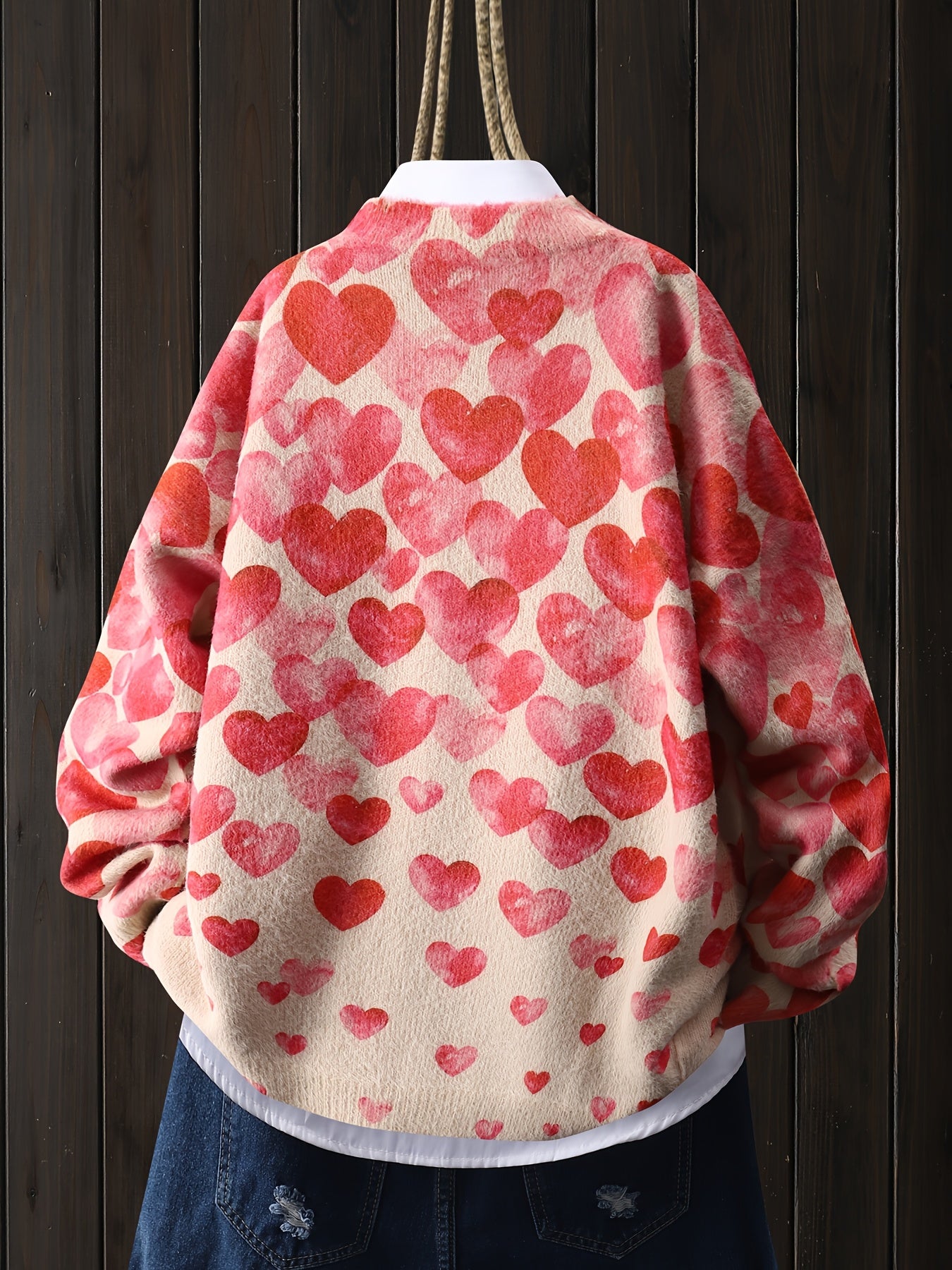 Red Heart Pattern Pullover, Casual Round Neck Long Sleeve Top for Women