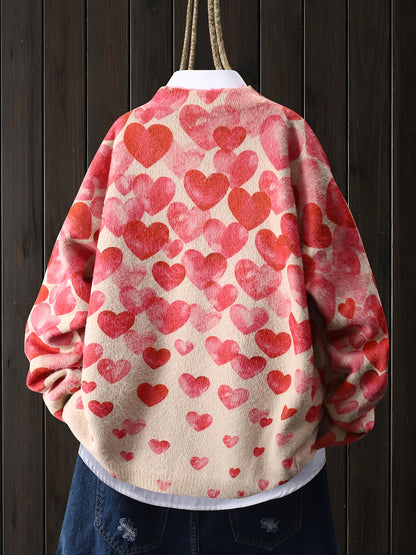 Red Heart Pattern Pullover, Casual Round Neck Long Sleeve Top for Women