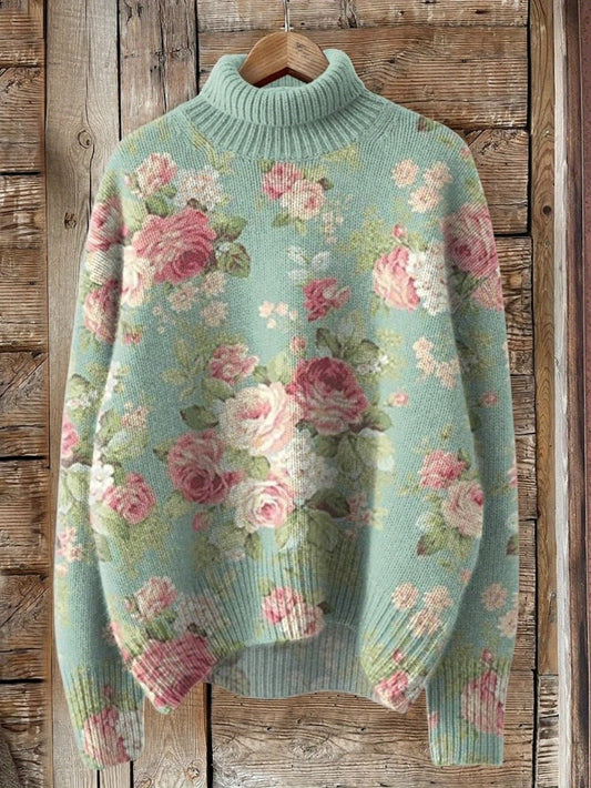 Women's Floral Print Sweater Mint Green with Pink Roses & Foliage - Soft High Neck Long Sleeve Cozy Fall Winter Sweater for Casual & Semi-Formal Outfits, Versatile Layering Piece, Sweater for Women, Sweater, Knitwear Women Wi