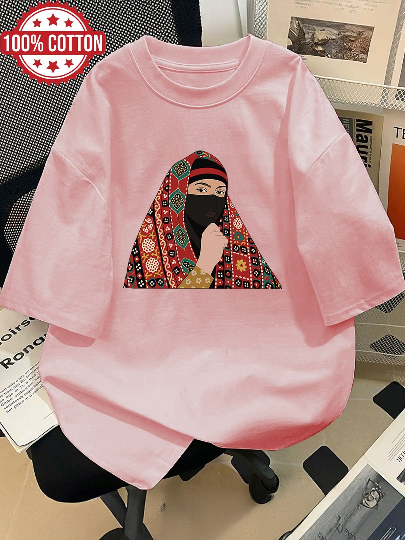 Women'S Casual Crew Neck T-Shirt, Short Sleeve, Regular Length, Alphabet Pattern, with Headscarf and Floral Print Design, for Spring/Summer