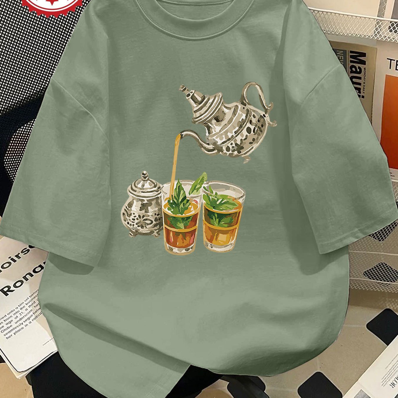 Women'S Casual Short Sleeve Crew Neck T-Shirt with Hand-Painted Teapot & Mint Leaf Illustration - Light Green, Spring/Summer Fashion Top, Casual Wear | Whimsical Design | Fabric