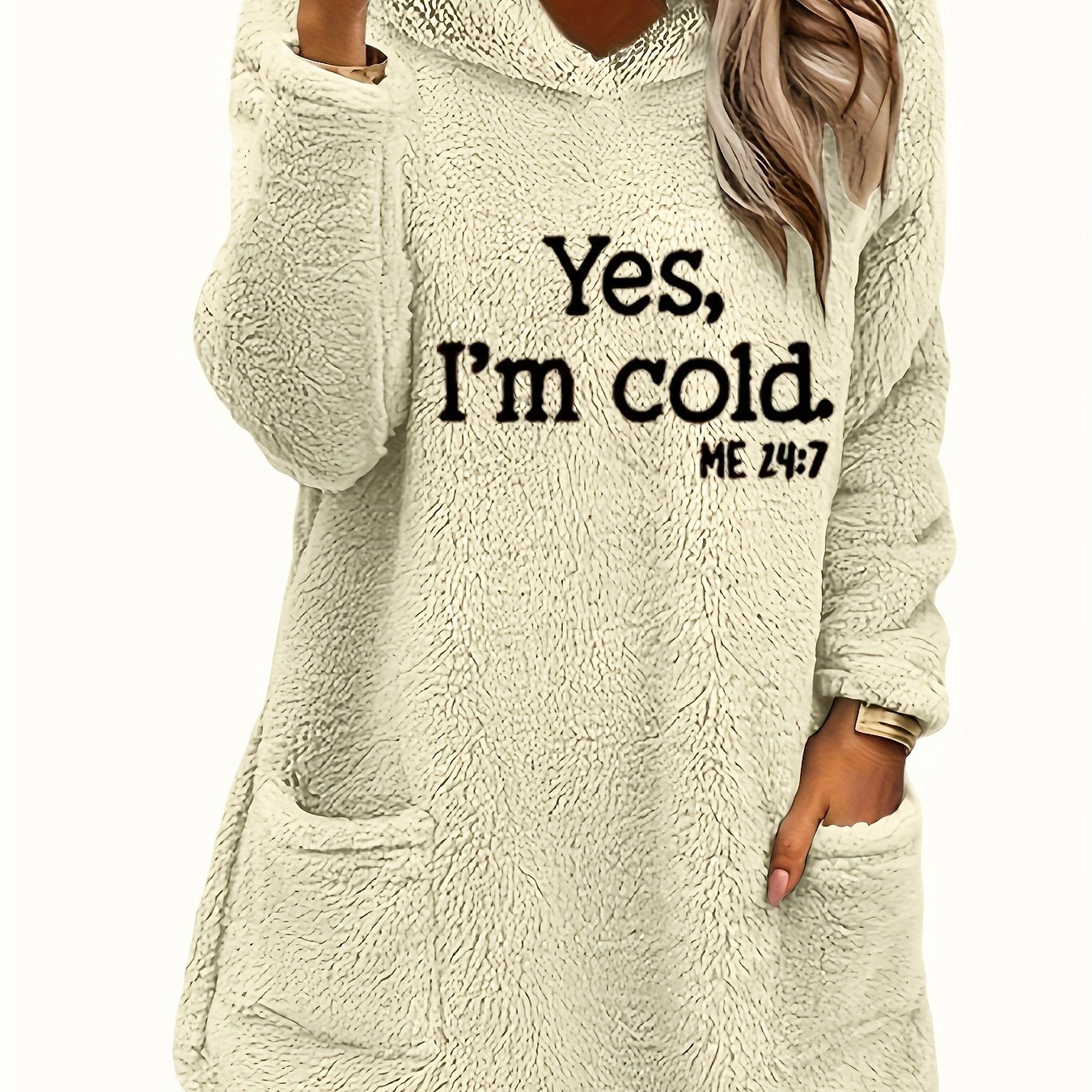 Women's "Yes I'm Cold" Printed Teddy Bear Hooded Sweatshirt - 100% Polyester Relaxed Fit Long Sleeve Pullover with Double Pockets, Cozy Fleece-Lined Casual Winter Top for Fall & Winter