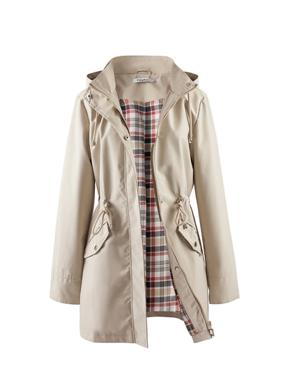 Women's Beige Hooded Zip-Up Trench Coat with Drawstring Waist & Multiple Pockets - Casual Long Sleeve Jacket for Fall & Winter, Machine Washable