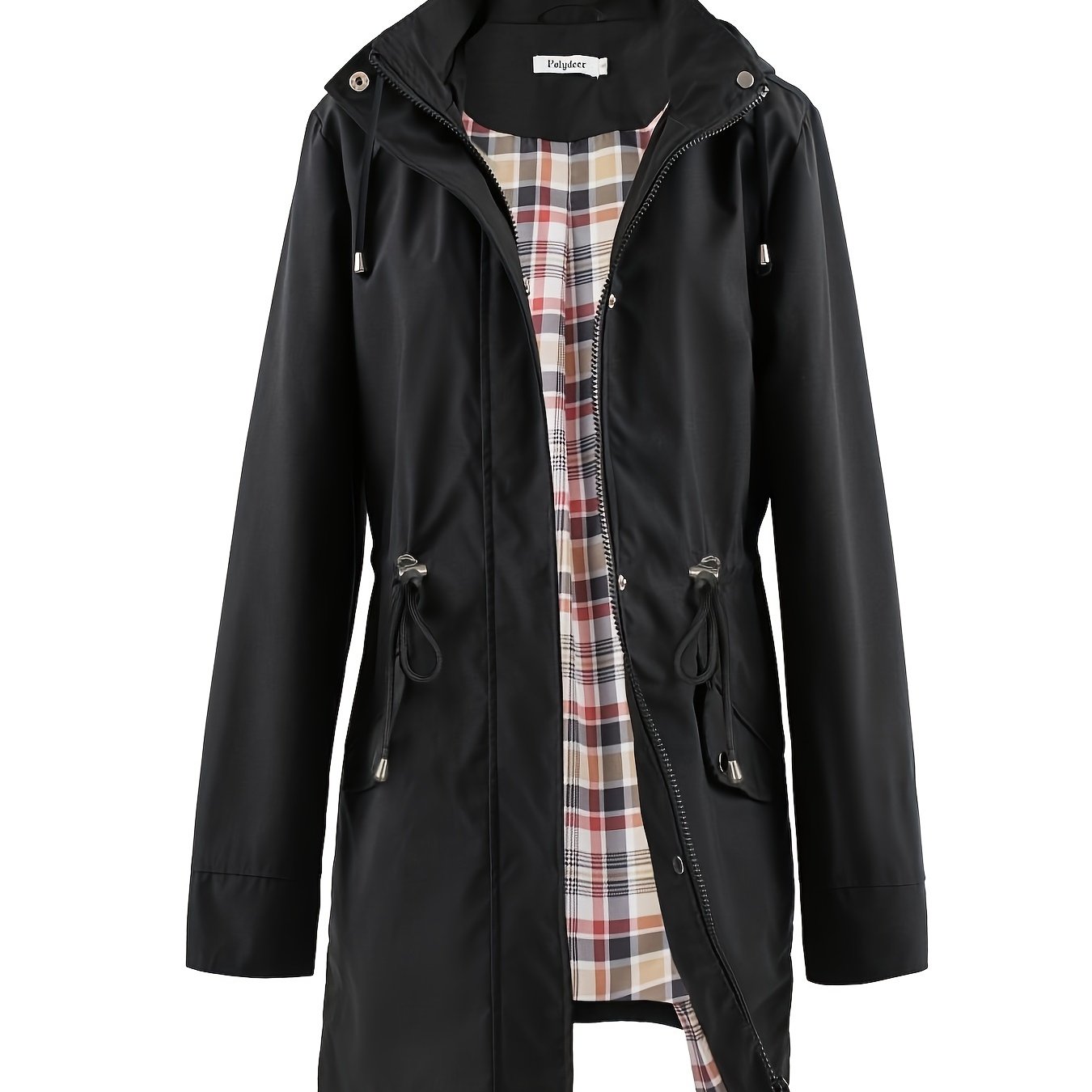 Women's Beige Hooded Zip-Up Trench Coat with Drawstring Waist & Multiple Pockets - Casual Long Sleeve Jacket for Fall & Winter, Machine Washable