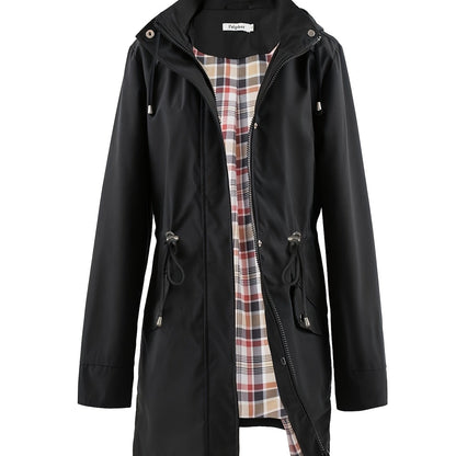 Women's Beige Hooded Zip-Up Trench Coat with Drawstring Waist & Multiple Pockets - Casual Long Sleeve Jacket for Fall & Winter, Machine Washable
