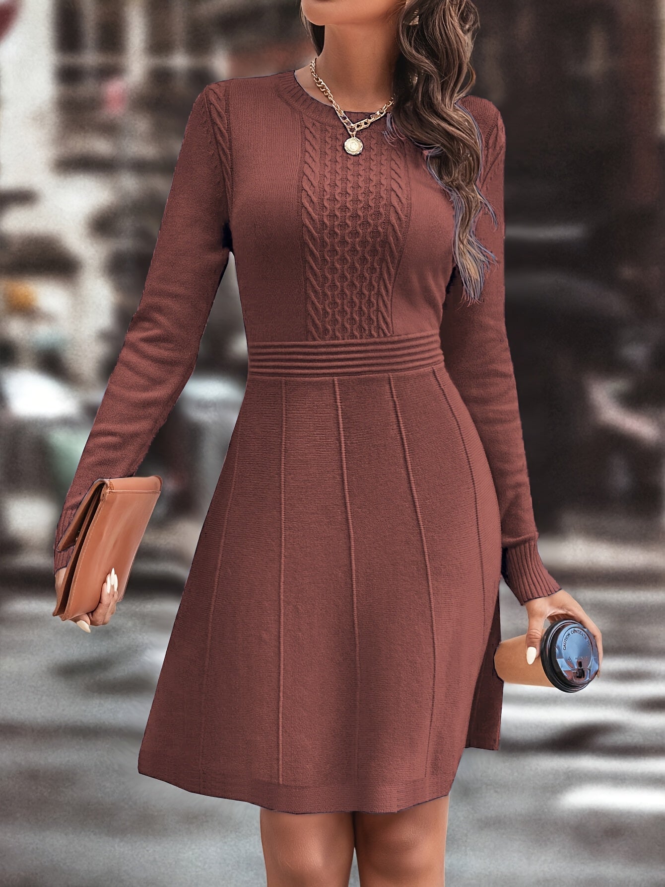 Women's Autumn Winter Date Party Casual Fashion Vacation Temperament Daily Commute Versatile Simple Solid Color Round Neck Mature Intellectual Slim A-Line Gentle Elegant Knit Dress