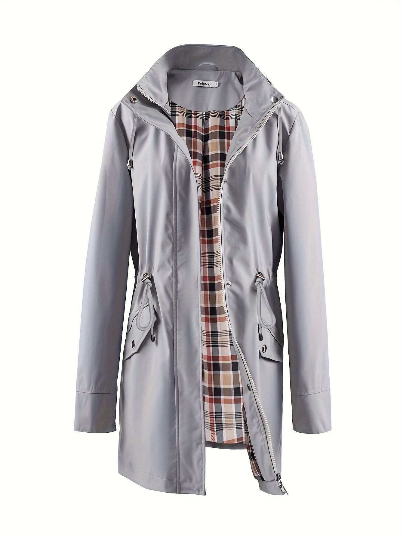 Women's Beige Hooded Zip-Up Trench Coat with Drawstring Waist & Multiple Pockets - Casual Long Sleeve Jacket for Fall & Winter, Machine Washable