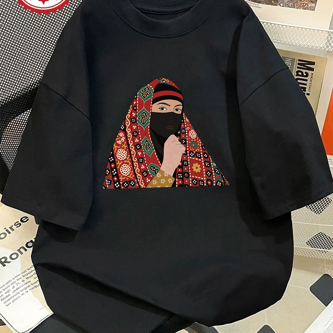 Women'S Casual Crew Neck T-Shirt, Short Sleeve, Regular Length, Alphabet Pattern, with Headscarf and Floral Print Design, for Spring/Summer