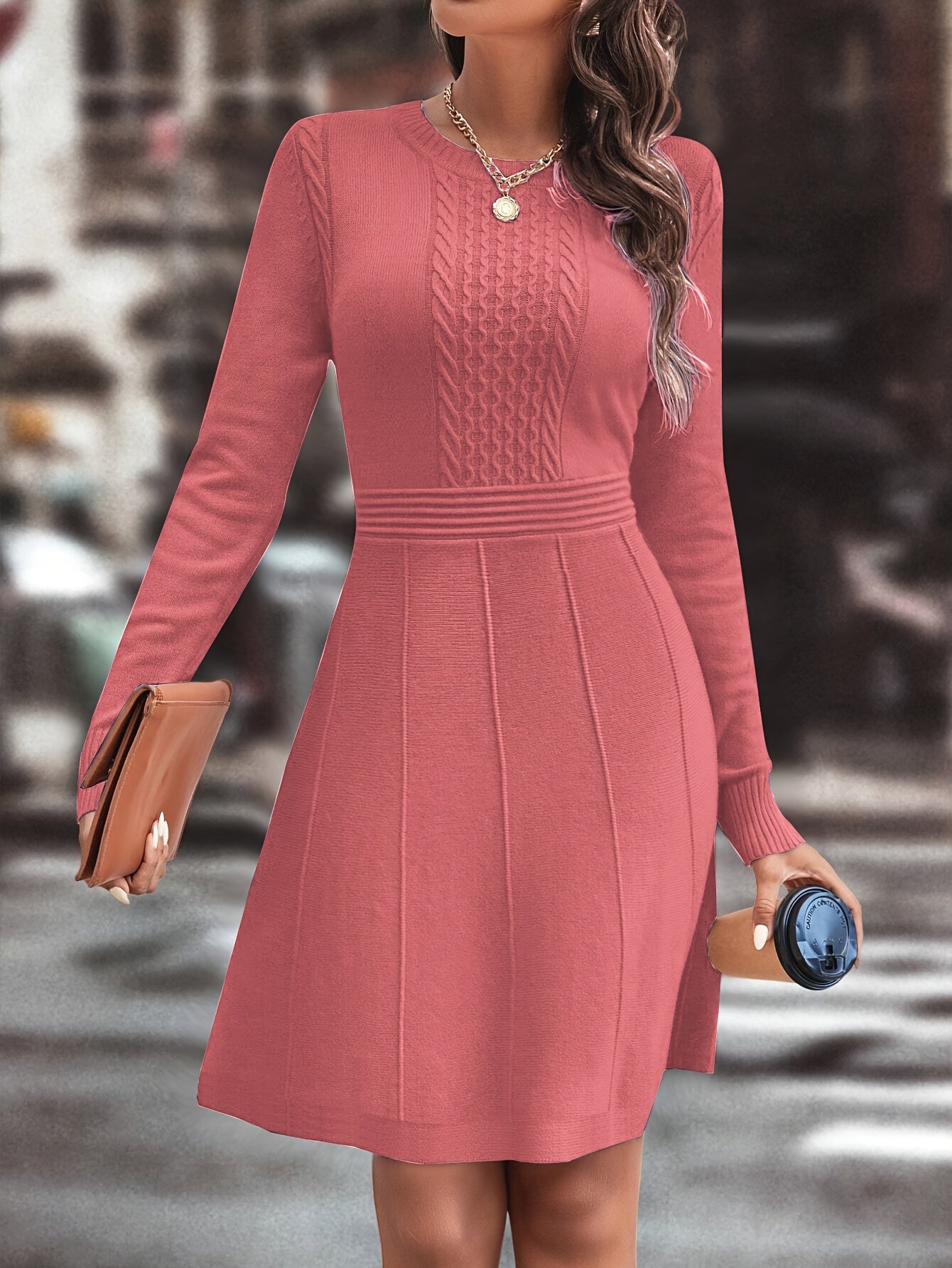 Women's Autumn Winter Date Party Casual Fashion Vacation Temperament Daily Commute Versatile Simple Solid Color Round Neck Mature Intellectual Slim A-Line Gentle Elegant Knit Dress